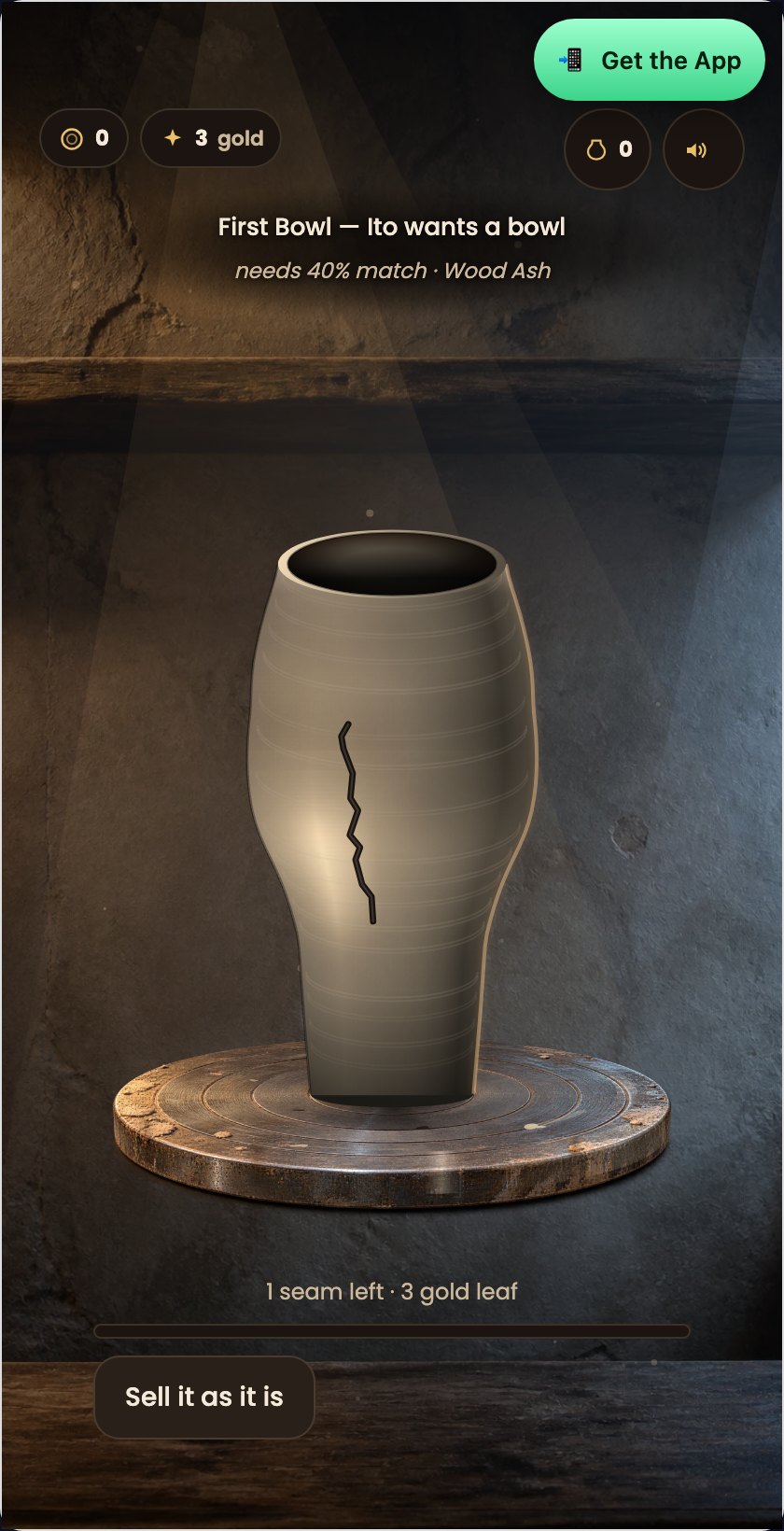 Goldmend gameplay: a fired pot on the wheel with a crack down one side, ready to be mended with gold leaf